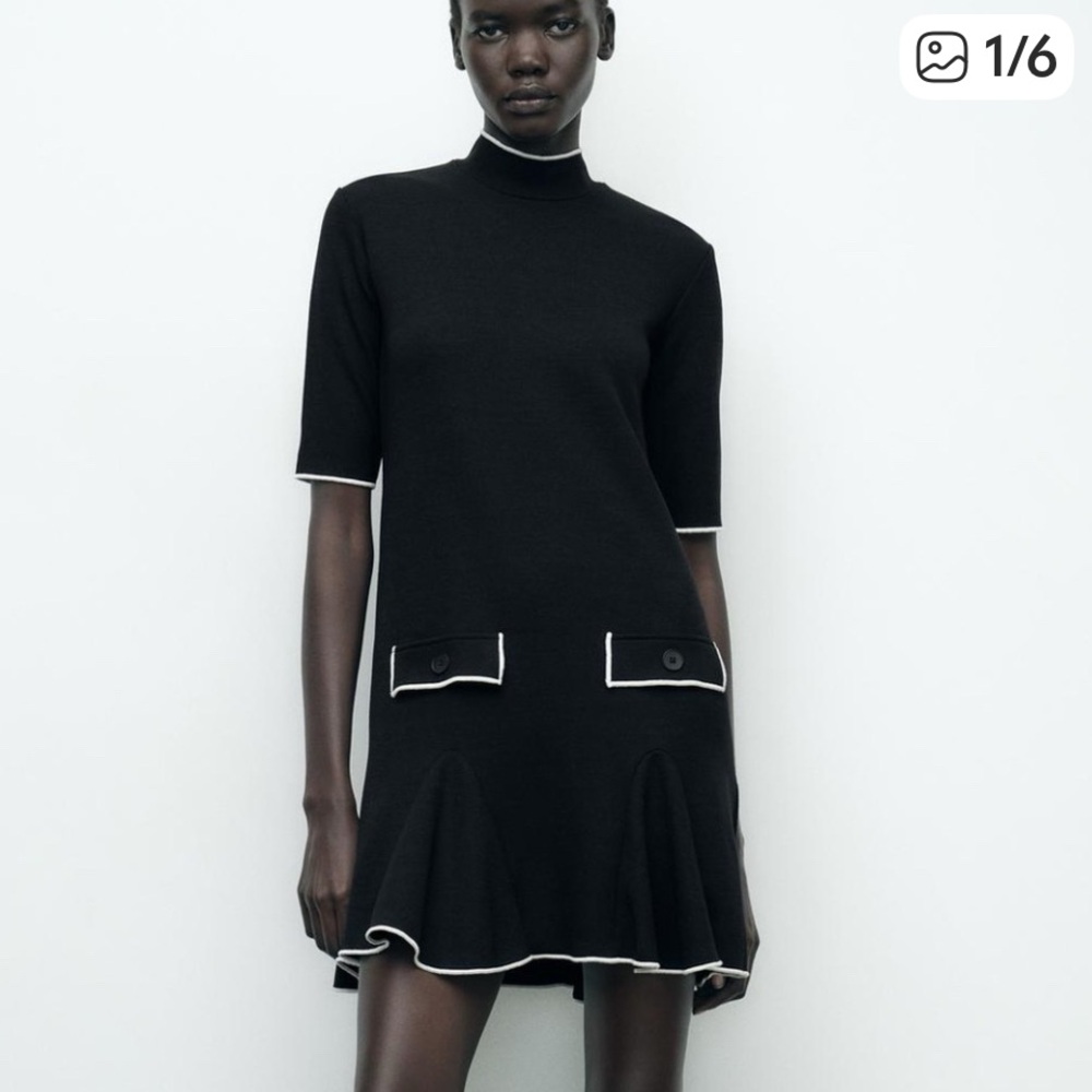 ZARA Black Knit Flare Hem Mini Dress with Contrast Trim – Size Large NWT